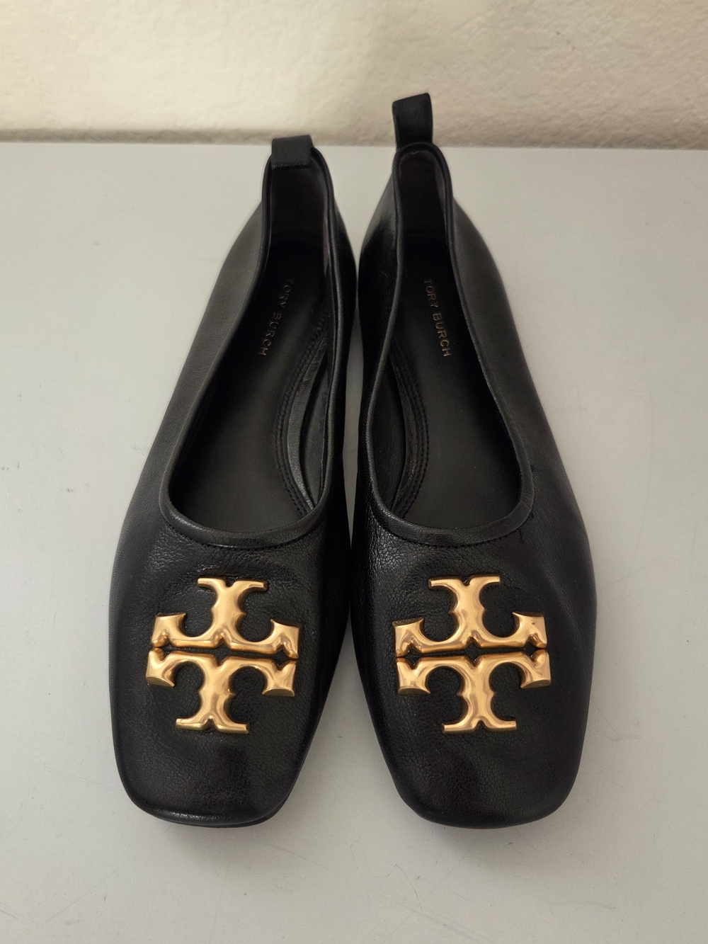 Tory Burch Black Leather Flats with Gold Logo